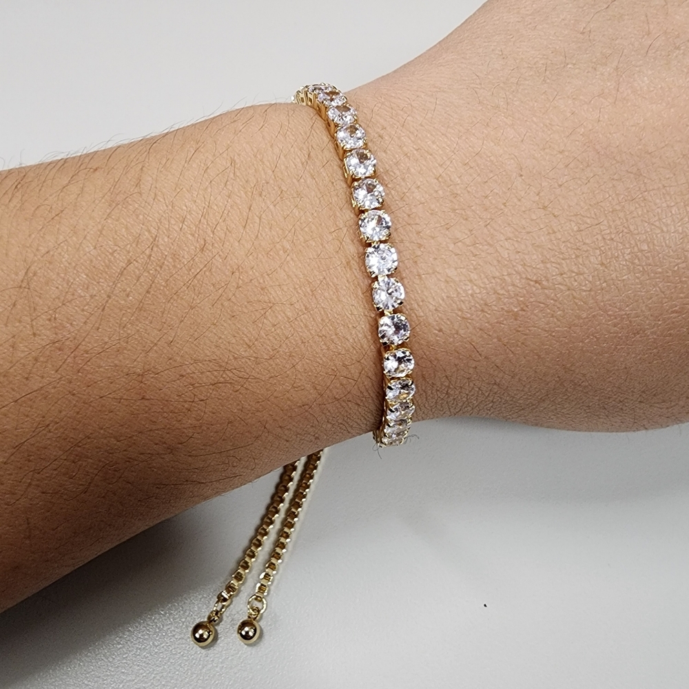 Sparkling Cubic Zirconia Gold Bolo Bracelet Adjustable Slider Tennis Bracelet